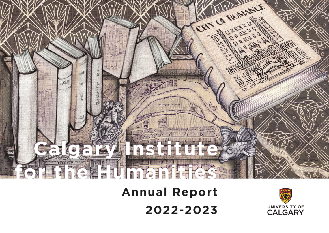 Annual Report Cover with illustration by Eveline Kolijn with 1920s novels written in Calgary, map and art deco design 