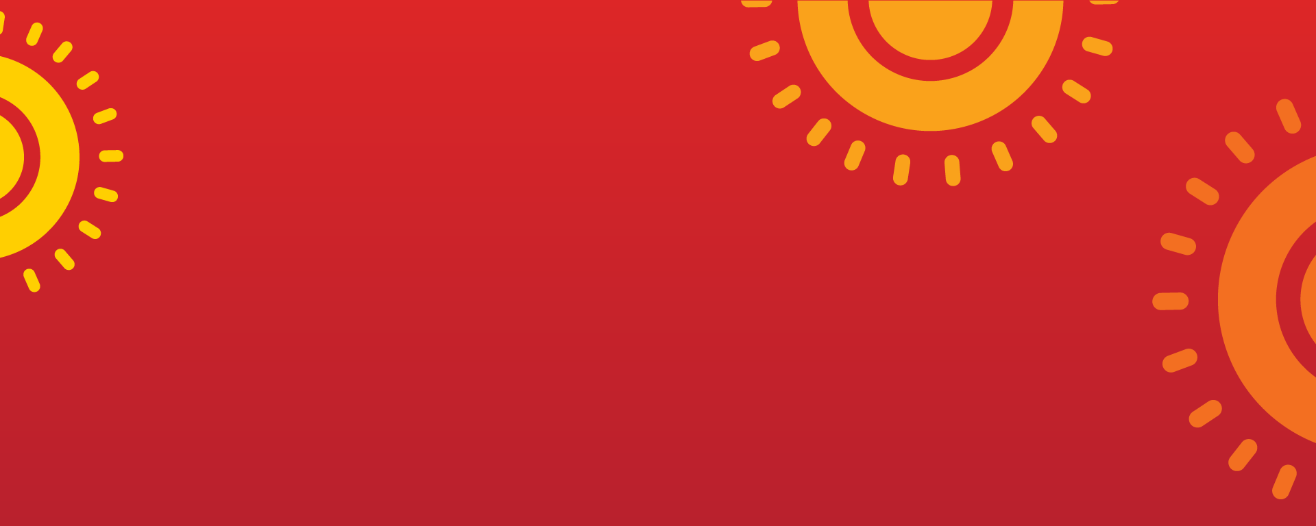 Red background with yellow, gold and orange sun graphics