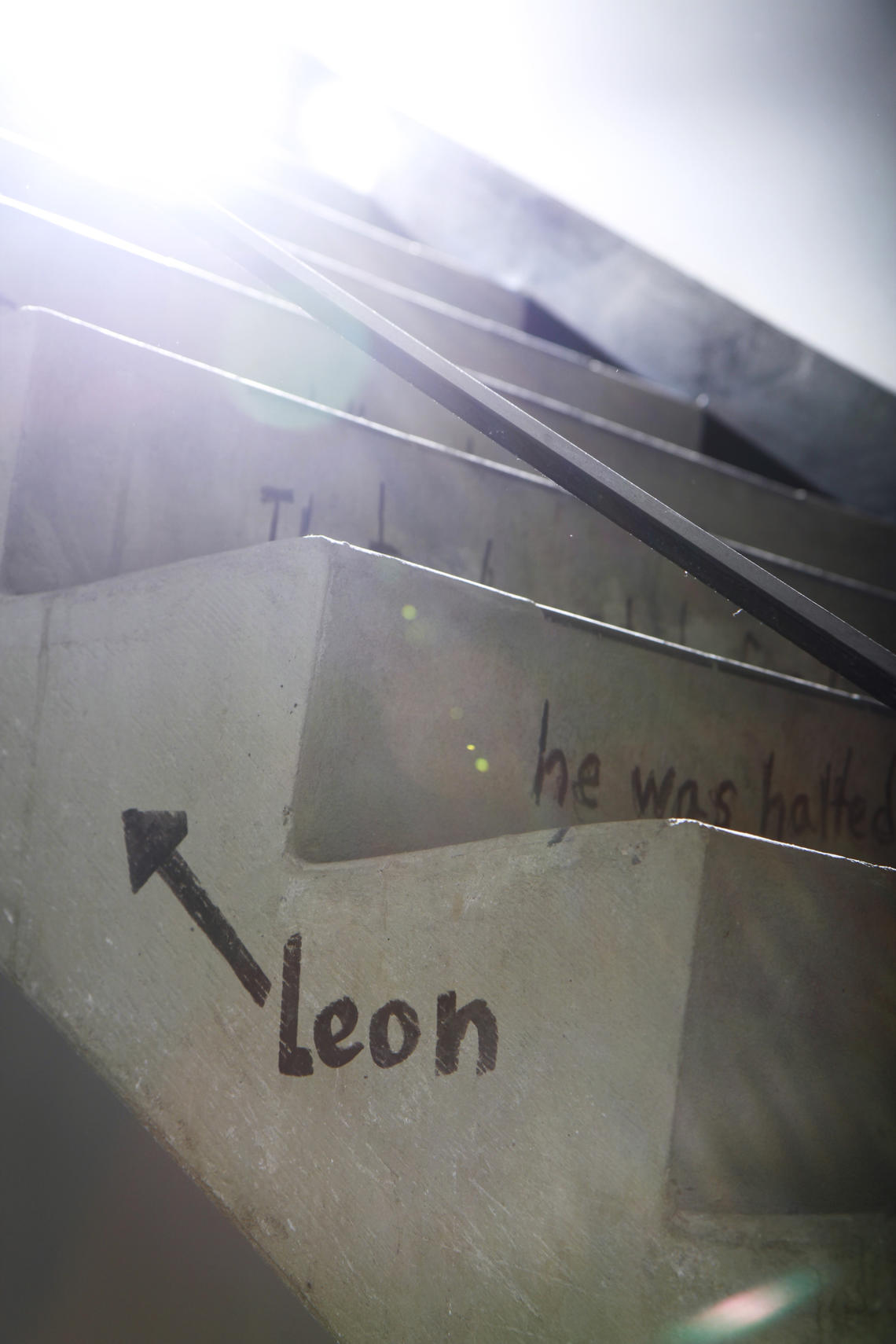 Sideview of the Social Sciences stairs featuring the original Leon the Frog poem. The name "Leon" is writen in black marker, with an arrow pointing upwwards.