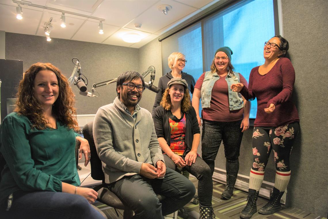 Recipients of a 2017-2018 University of Calgary Teaching and Learning Grant, front from left, Jessica Shaw, Ilyan Ferrer and Liza Lorenzetti, and back from left, Karyn Jackson, Taylor Johnson and Emy Ulloa from the Faculty of Social Work are developing a project introducing podcasting as a teaching and learning tool. Photos by Michael Do, Taylor Institute for Teaching and Learning
