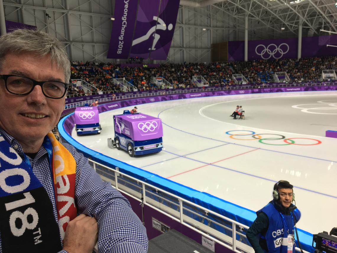 Yves Hamelin is justifiably proud of his Olympic Oval team's fame for preparing fast ice. Here he overlooks the results of their labours in Pyeongchang.