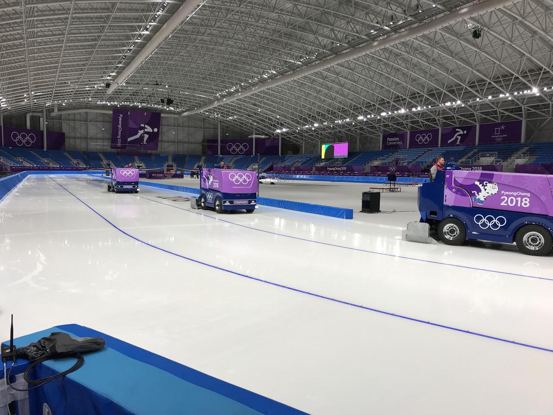 During the Olympics, the busy speedskating track features training in the morning and afternoon. Racing takes place in the evening.