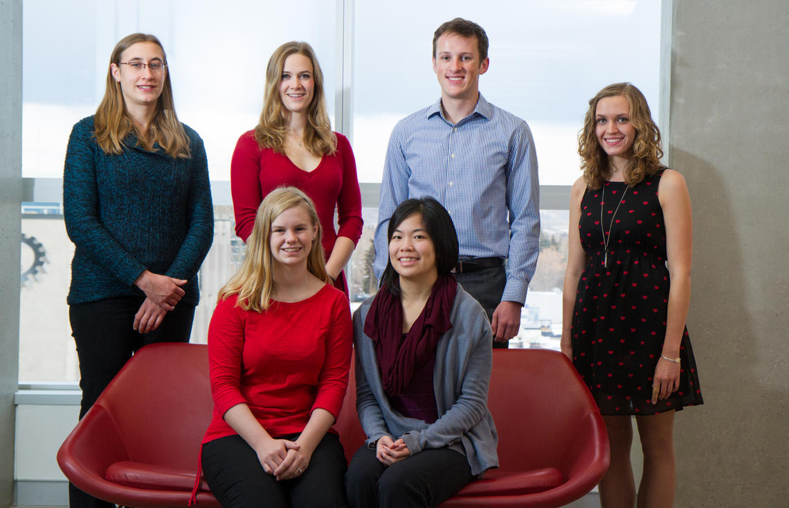 Six of the nine University of Calgary students shortlisted for the Rhodes university scholarship gathered for a photo. Back row, from left: Stacy Muise, Megan MacLean, John Garrett, and Jacqueline Boon. Front row, from left: Samantha Hossack and Kathryn Nishimura. Missing from the photo are Aravind Ganesh, Kaylynn Purdy, and Yan Yu. 