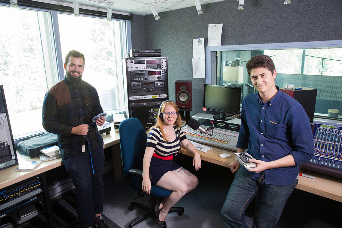 From left, Kai Sinclair, Sarah Dorchak and Alexander Kim, all volunteers at the campus radio station CJSW. 