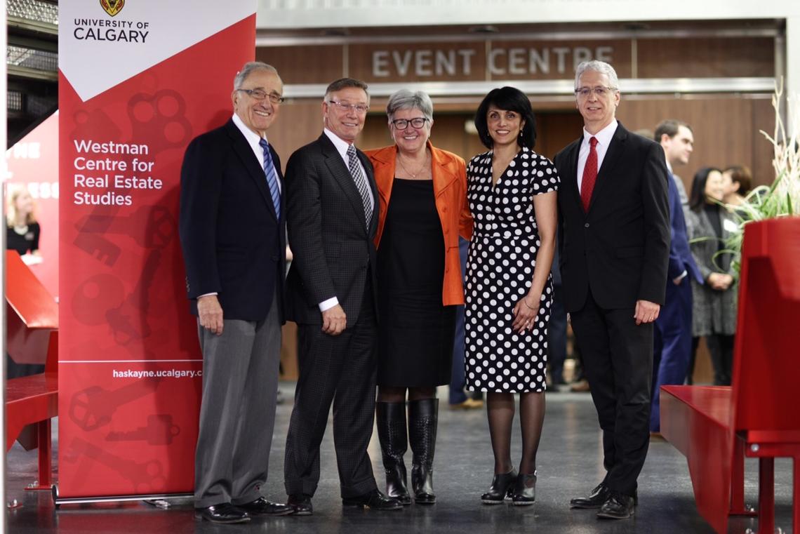 From left: Ron Ghitter, co-founder, Westman Centre Advisory Council; Jay Westman, chairman and CEO, Jayman BUILT; Dru Marshall, provost and vice-president (academic), University of Calgary; Jyoti Gondek, director, Westman Centre for Real Estate Studies; and Jim Dewald, dean, Haskayne School of Business celebrate the launch of the new BComm and MBA specialization in Real Estate Studies on Tuesday, Jan. 31, 2017. Photo by Kelly Hofer, for the Haskayne School of Business