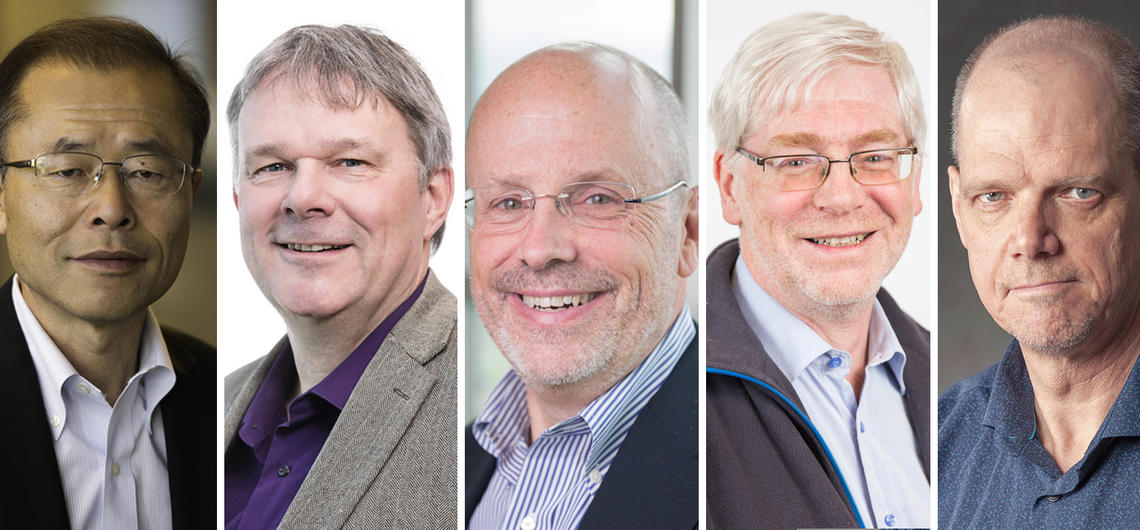 Five faculty members are the 2019 recipients of University of Calgary Killam Annual Professorships. From left: Hude Quan, Herman Barkema, Keith Yeates, Nigel Bankes, and Warren Piers.