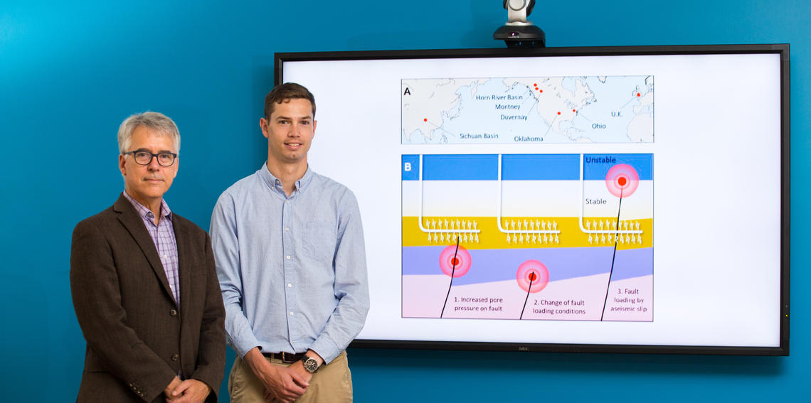 Drs. David Eaton and Thomas Eyre pictured in front of a diagram demonstrating the "slow slip" process.