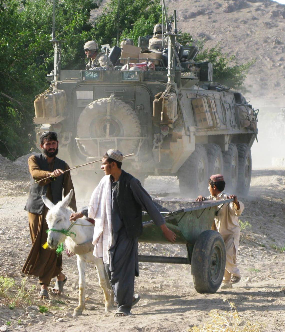 A Canadian Forces LAV passes by a group of Afghans and their donkey in the Arghandab district just north of Kandahar city on Sunday, June 14, 2009. The Canadians were providing support to an Afghan National Police sweep of the area.