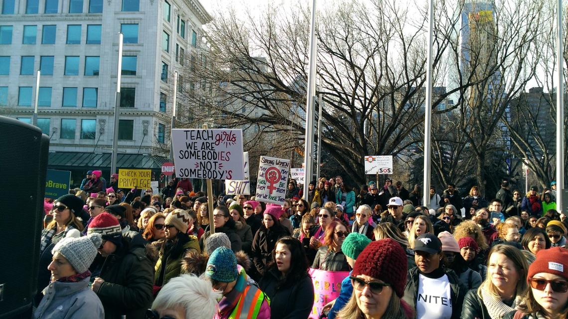 Attendees at the women’s March on Edmonton, Alta on Jan. 21, 2017