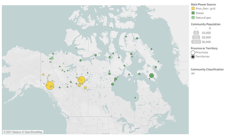 Off-grid communities in Canada as of May 2017, colour-coded by primary power source.