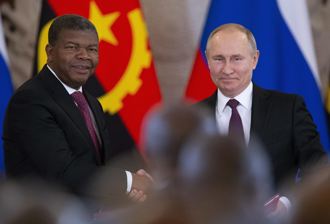 Putin shakes hands with Angola’s President Joao Manuel Goncalves Lourenco after talks in the Kremlin in April 2019.