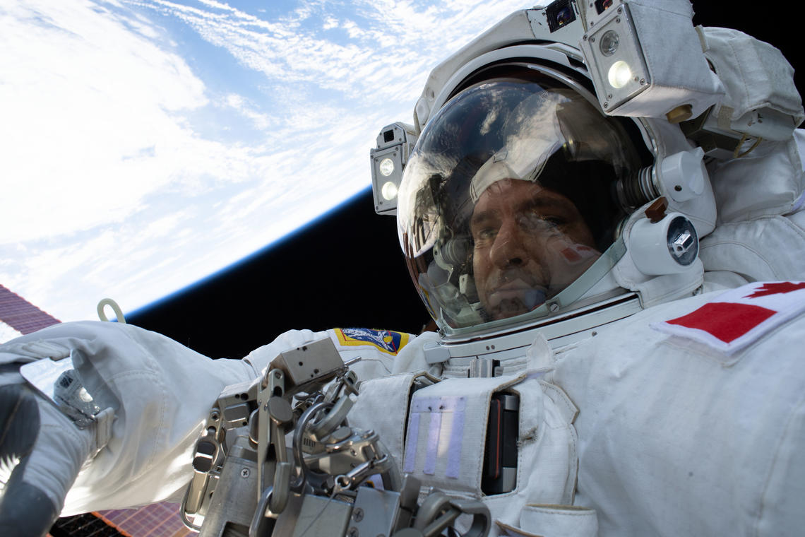 Expedition 59 Flight Engineer David Saint-Jacques of the Canadian Space Agency participates in a six-and-a-half hour spacewalk in April 2019. 