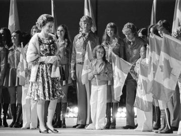 Queen Elizabeth meeting Young Canadians at evening grandstand performance, Calgary, Alberta