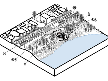 Drawing of a 3D Model of water and city.