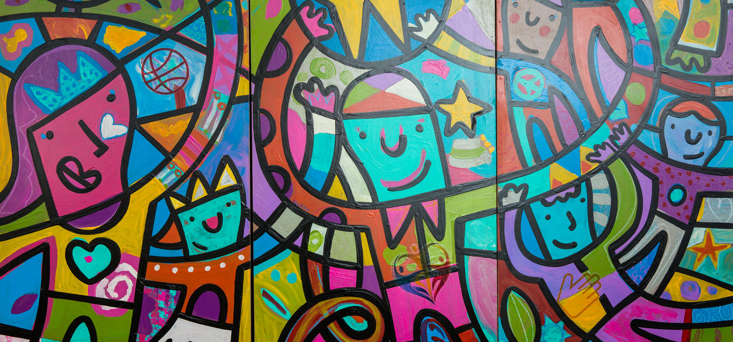 colourful mural of cartoon people