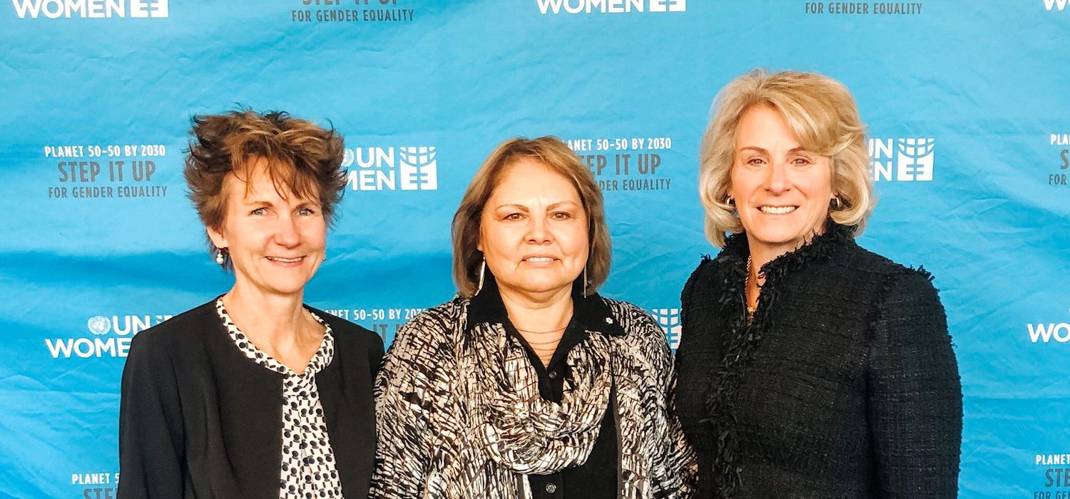 Suzanne Tough, left, Marie Delorme and Elizabeth Cannon were honoured for their leadership on International Women's Day (March 8) in New York. UN Women photos