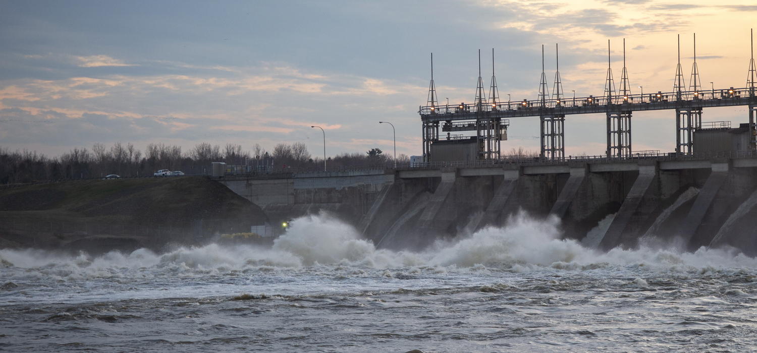 Water rushes through the Carillon Hydro electric dam in Québec. 