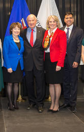Taking part in the announcement at the University of Calgary were, from left: the Honourable Ricardo Miranda, Minister of Culture and Tourism; Dr. Mary-Jo Romaniuk, vice-provost, libraries and cultural resources; donors Sharon and Bill Siebens; President Elizabeth Cannon; Glenbow Board Chair Irfhan Rawji; and student Sonia Jarmula. Photos by Riley Brandt, University of Calgary
