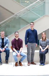 From left, University of Calgary trainees at the Hotchkiss Brain Institute (HBI) Khalil Rawji, James Rogers, Samuel Jensen, Michael Keough, Erin Stephenson, and Jason Plemel. Led by Keough, under the supervision of V. Wee Yong, the team recently published a study identifying a mechanism by which myelin, the protective covering surrounding nerve cells, can repair itself in multiple sclerosis lesions. Photos by Janelle Pan