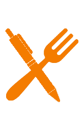 Illustration of an orange-coloured fork and knife in an X pattern, but the knife is really a pen.
