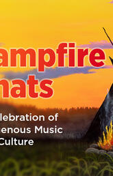 A sunset scene in a field with a tipi, a tree, and a campfire. Top left in red: Campfire Chats. Bottom left in white: A Celebration of Indigenous Music and Culture.