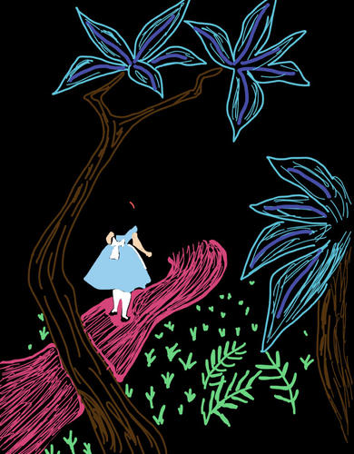An illustration of girl from behind, wearing a blue "Alice in Wonderland" dress, peering down a bright pink path. Green plants are beside the path and trees with blue leaves loom overhead. The picture is on a black background.