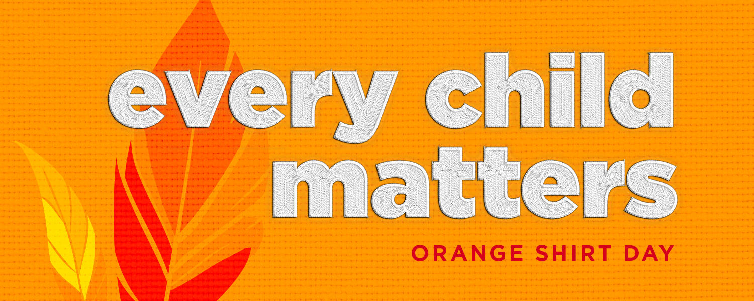 Orange Shirt Day graphic featuring the phrase "every child matters." There is a graphic of orange and yellow feathers behind the text.