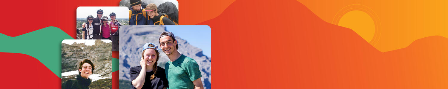 A collage of images featuring Mark Grosjean in outdoor activities, over a colourful mountain vector background.