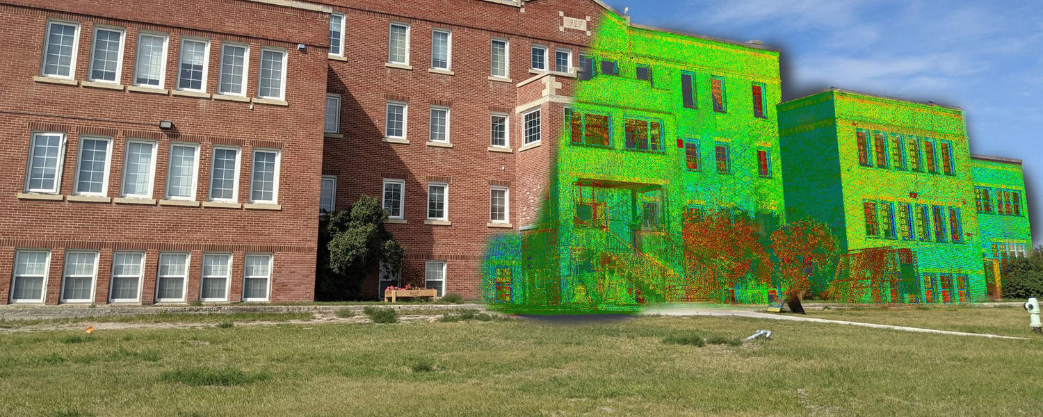  Image shows a point cloud, or a set of data points generated by the 3D scanning process, superimposed on the exterior of the Old Sun College. 