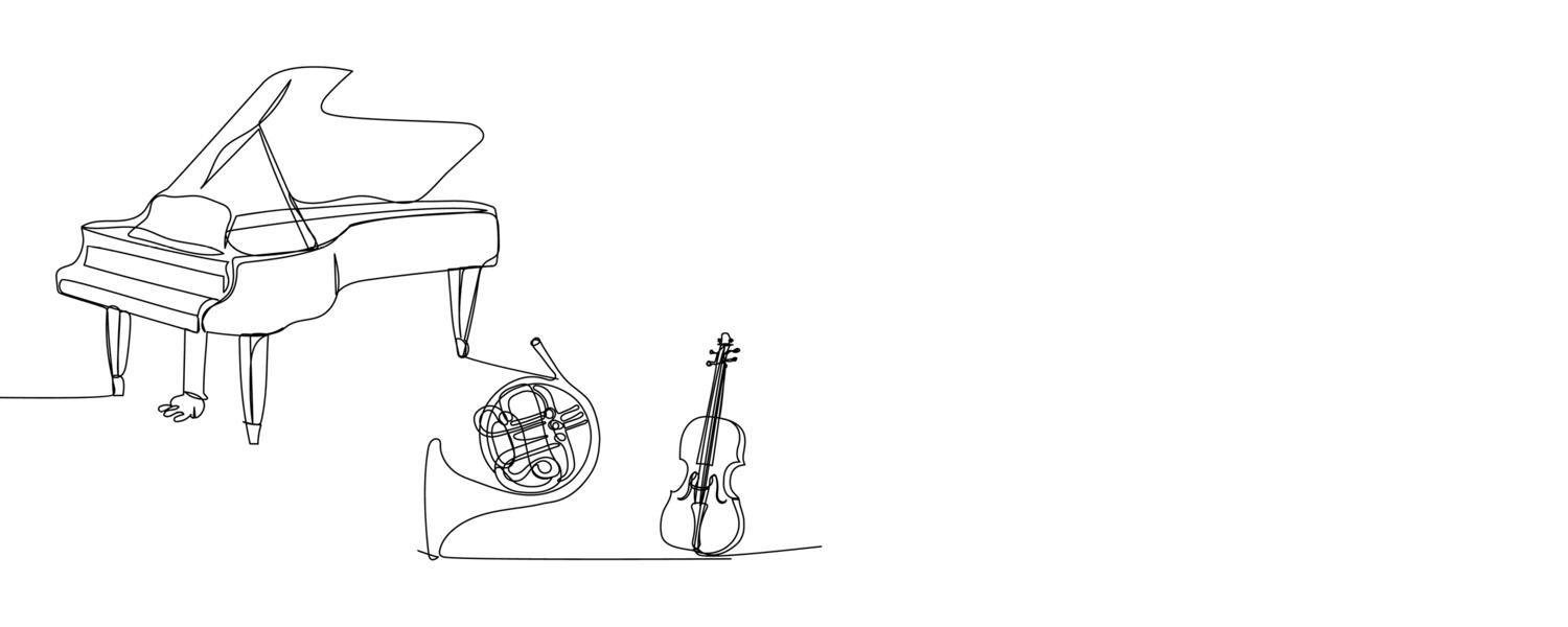 A line drawing of a piano, French horn and a viola.