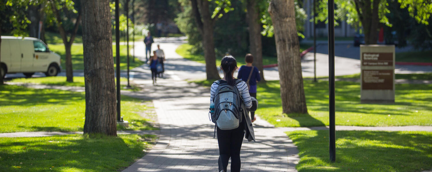 A student walks down a campus pathway in the summer