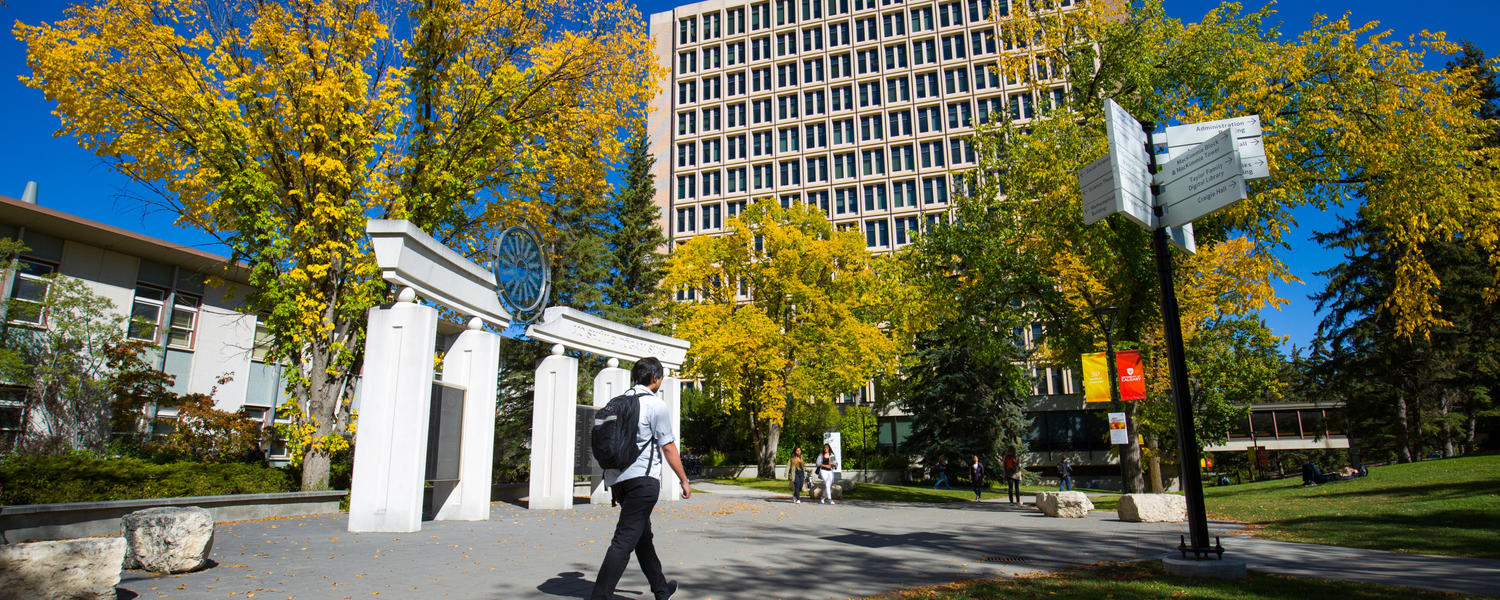 Campus pathway on an early fall day. The Social Sciences building is visible in the background