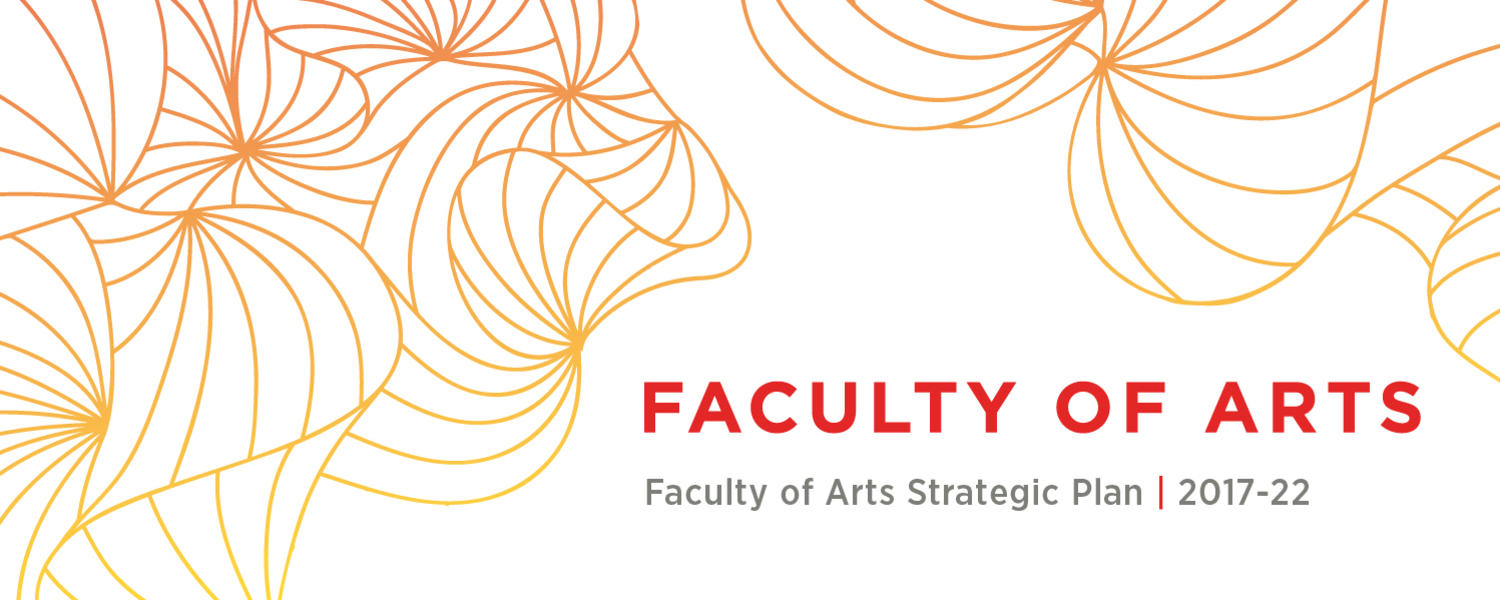 Faculty of Arts Strategic Plan. A graphic image with abstract floral line designs in a yellow to orange gradient. The text reads "Faculty of Arts Strategic Plan 20177-22"