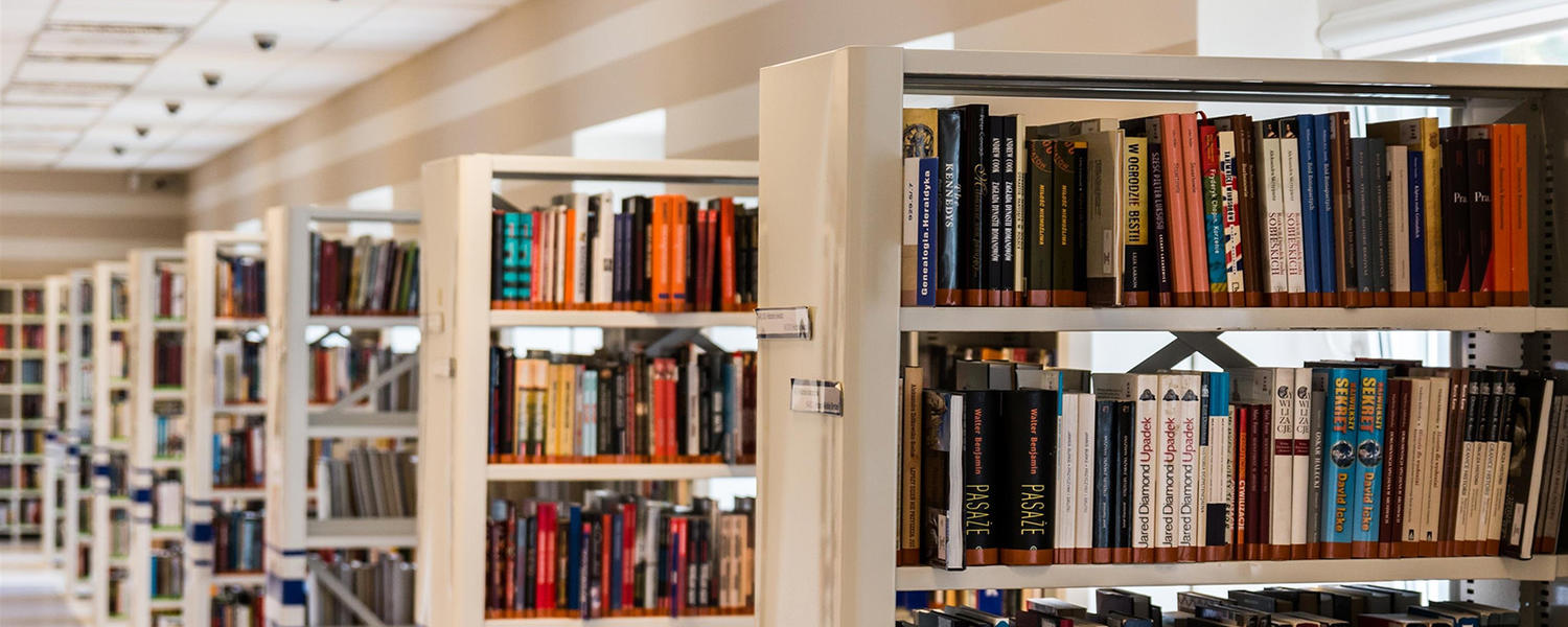 row of bookshelves in library