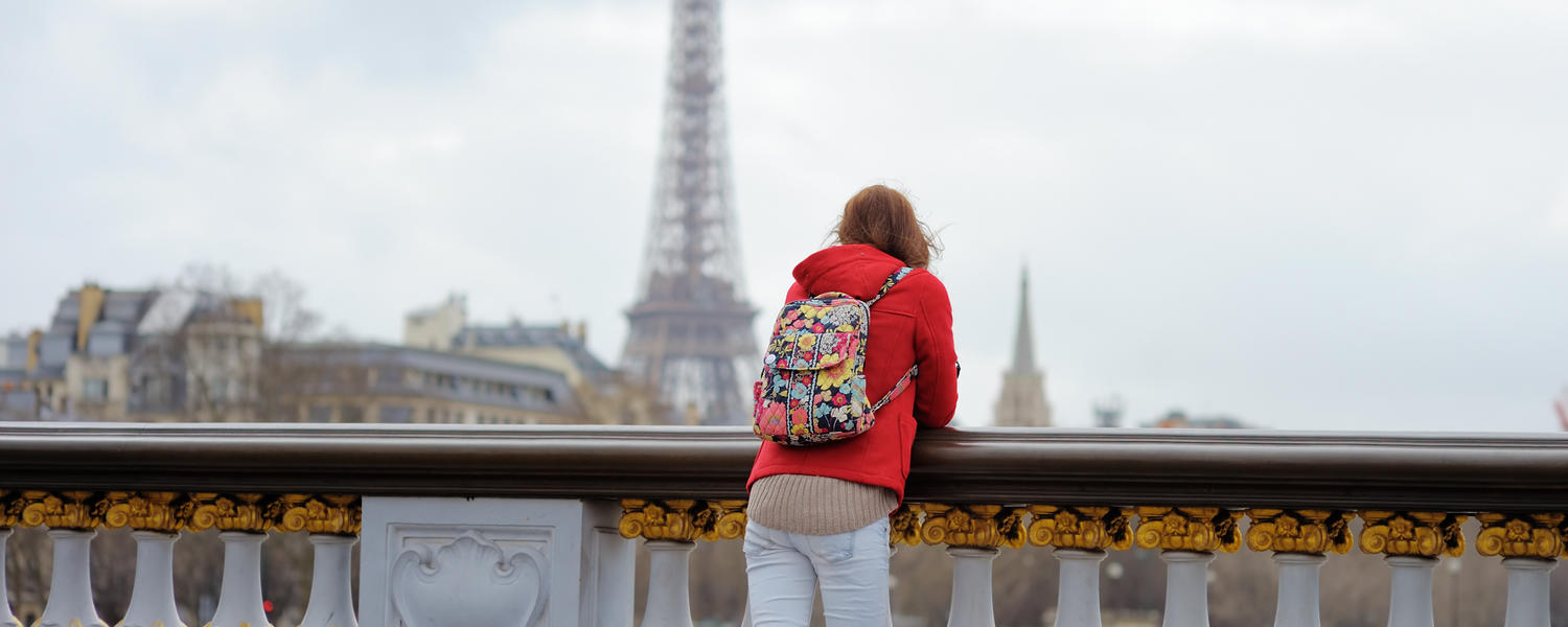 Person on bridge looking at Eiffel Tower