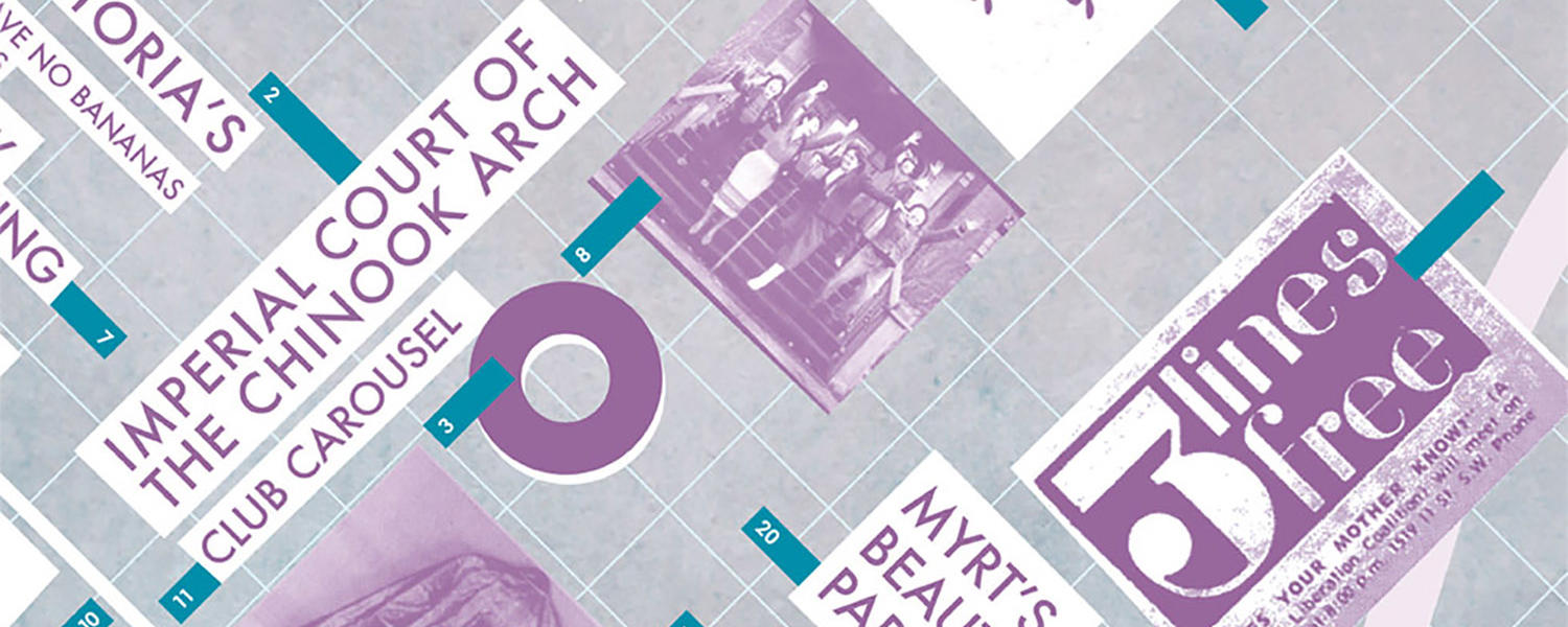 The graphical cover of the Queer Map shows a grid overlaid with graphical representations of places in Calgary's LGBTQ2S+ history