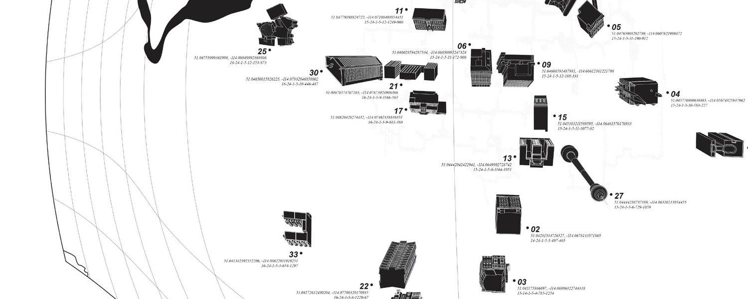 Detail of Calgary's Architecture in 40 Buildings, designed by SPECTACLE for the Calgary Atlas Project