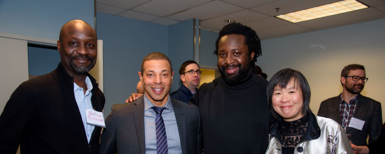 Panelists Bertrand Bickersteth, Christian Olbey, and Larissa Lai with Marlon James, 2018. Photo by Monique de St. Croix.