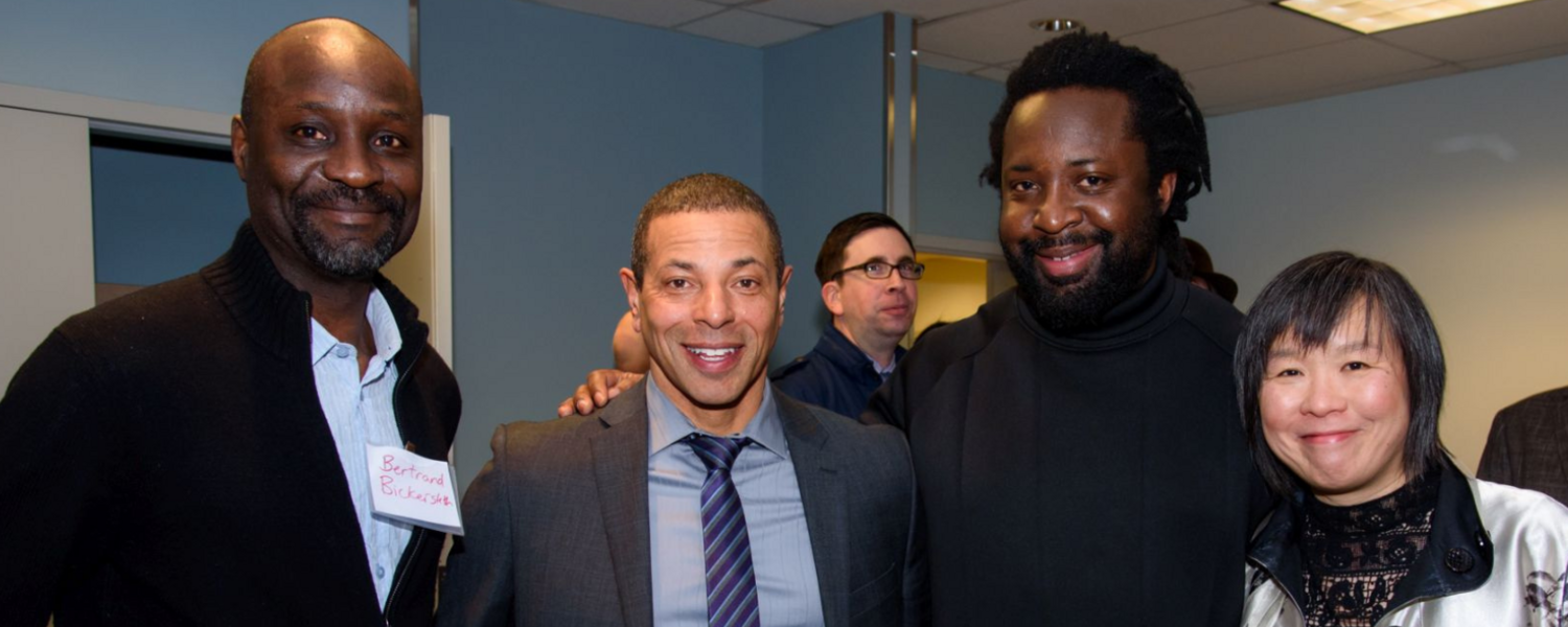 Panelists Bertrand Bickersteth, Christian Olbey, and Larissa Lai with Marlon James, 2018. Photo by Monique de St. Croix.