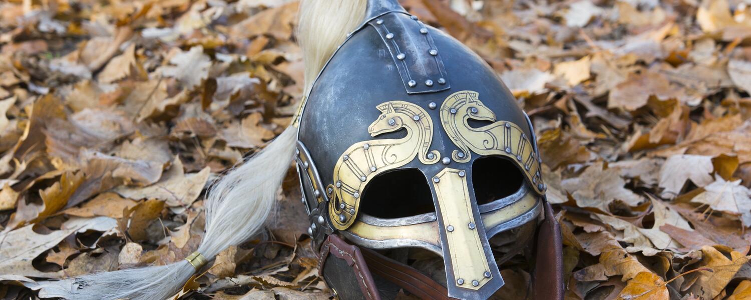 viking helmet on leaves