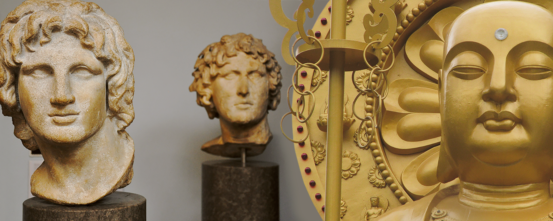Collage image of Roman busts and a golden Buddha statue