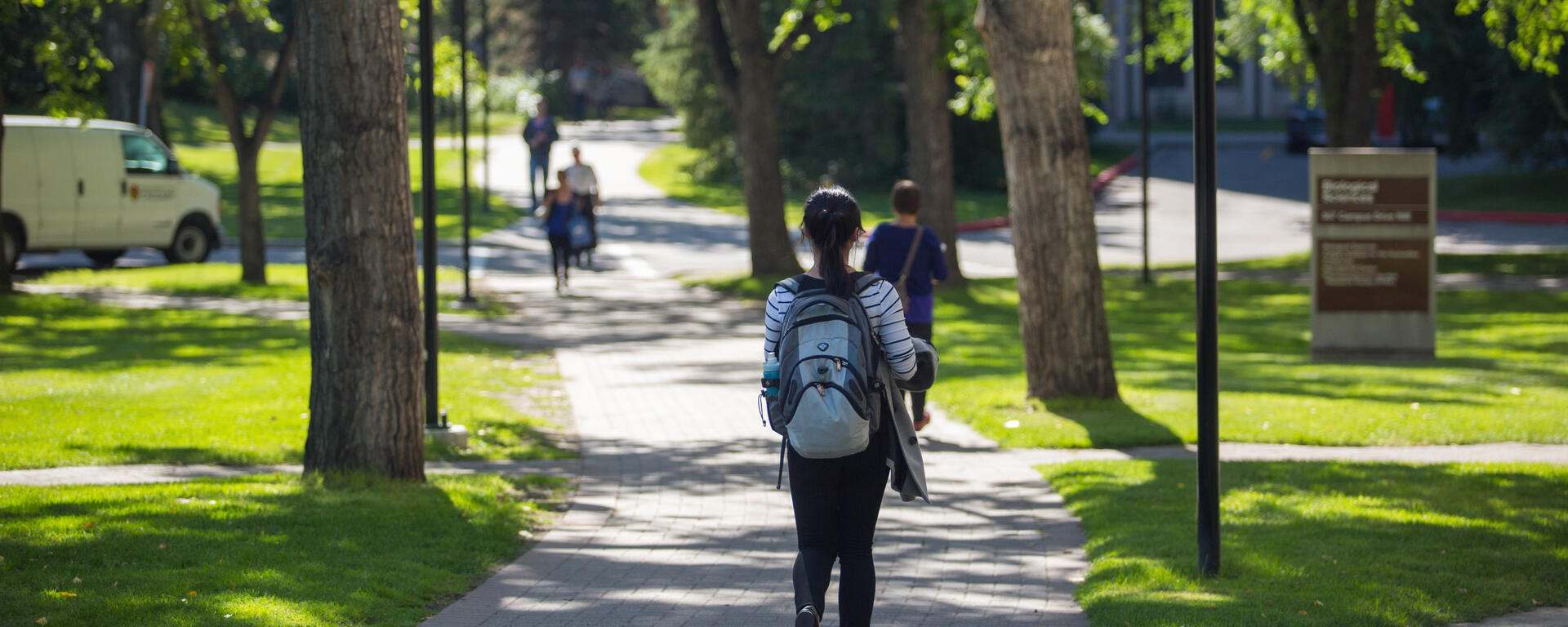Student walks down a sidewalk on campus in summer