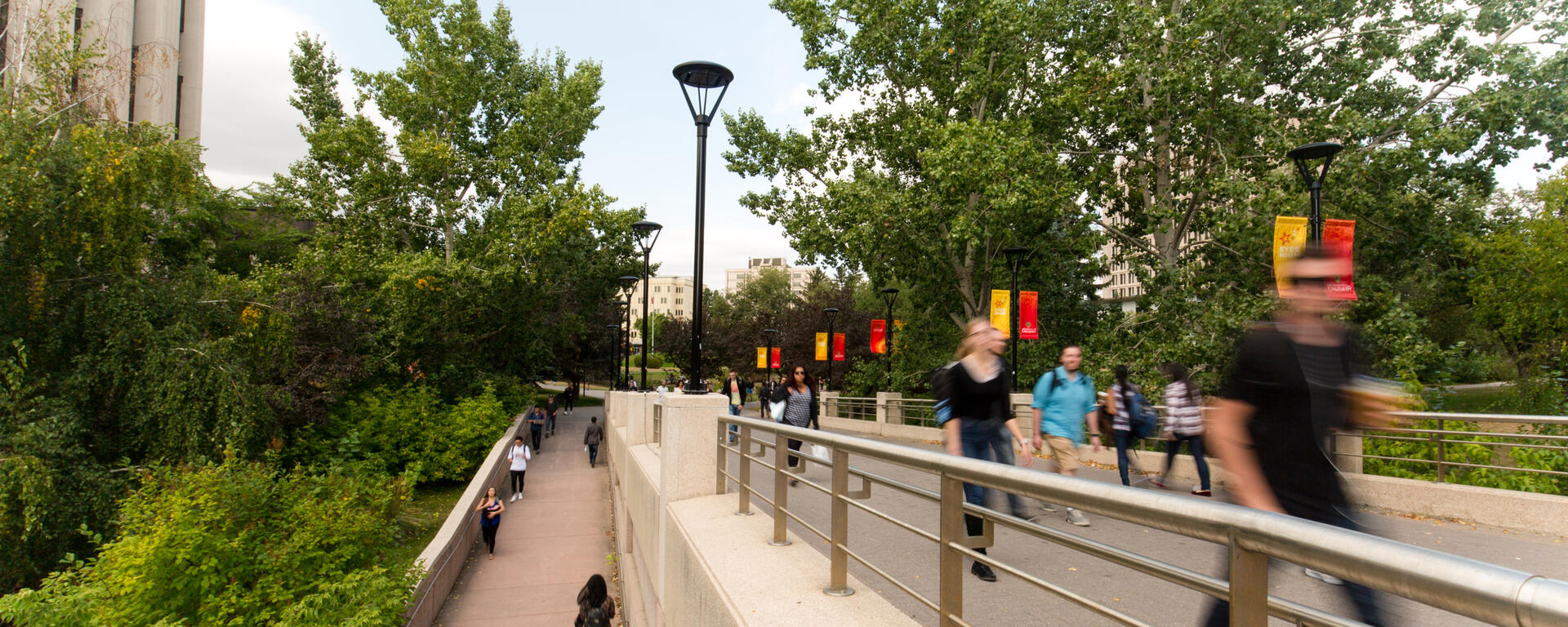 An picture of students walking outside on campus, with some out of focus subjects suggesting motion