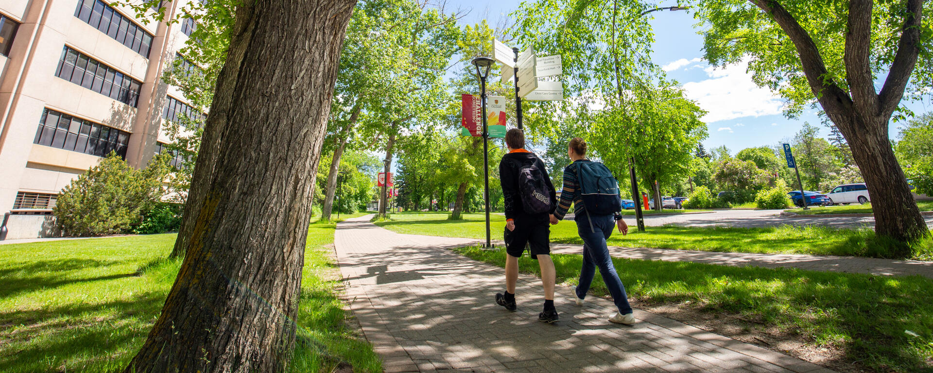 Students walk down a sidewalk on campus in the summer