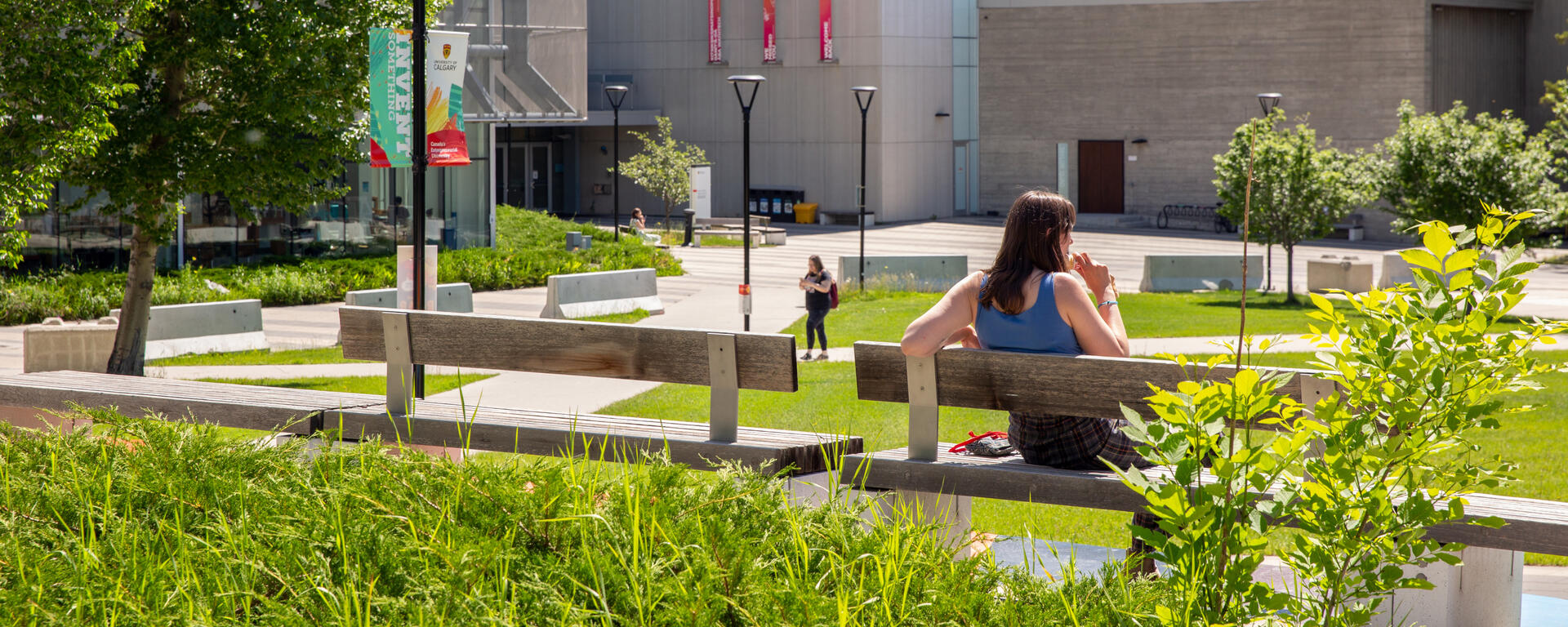 Students relax outside on campus in the summer