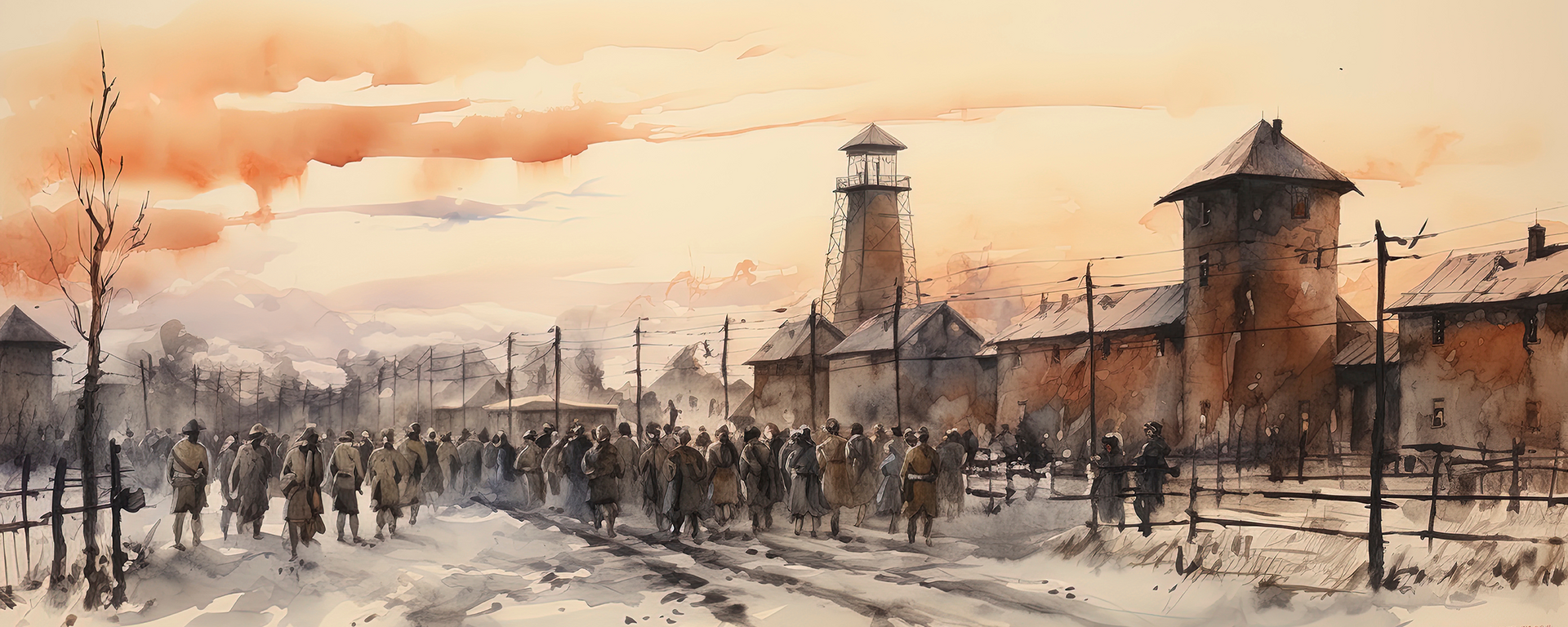 Dark WWII prison camp with prisoners as silhouettes illustration: Adobe stock image.