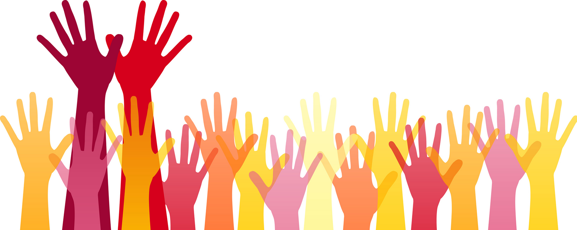 Illustration of multicoloured raised hands.