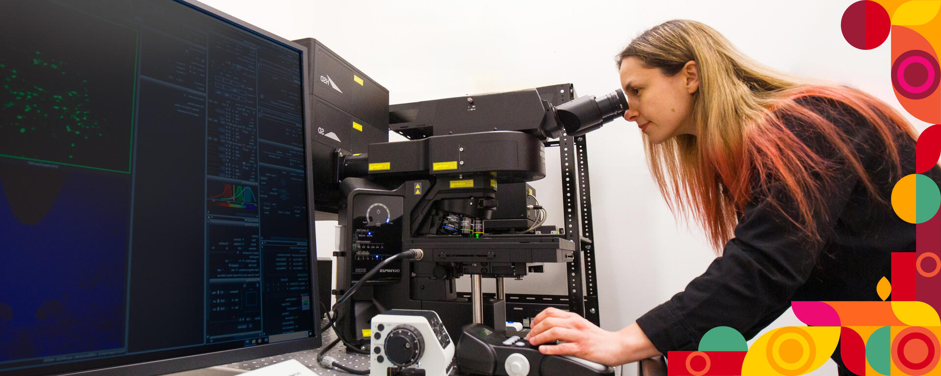 A researcher looks into a microscope. A large monitor screen is to her left. Colourful brand graphics border the right edge of the image.
