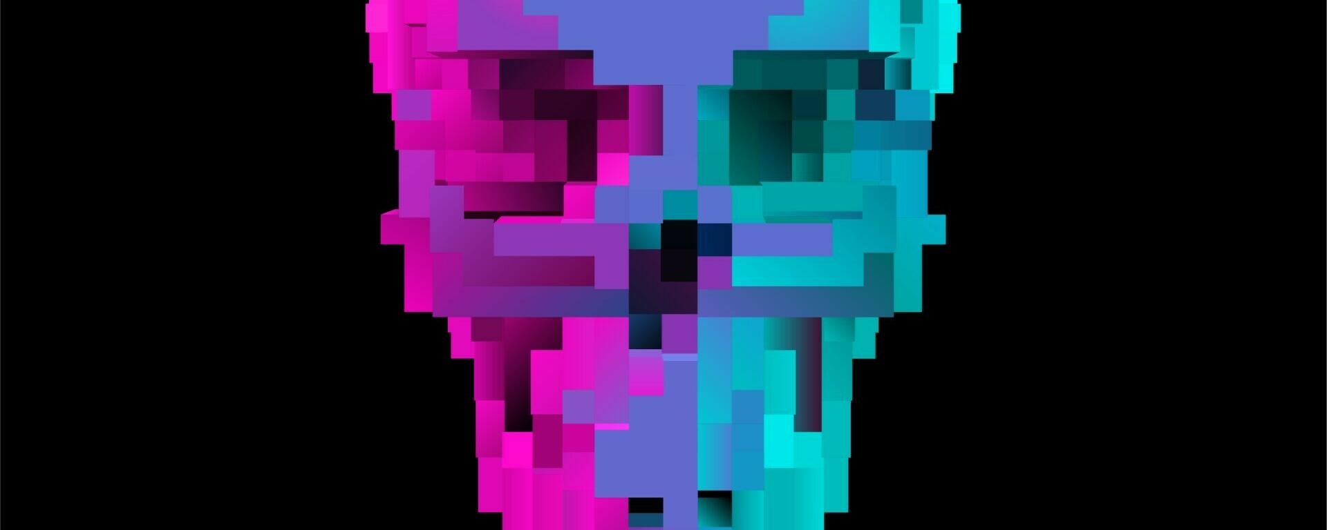 Pixellated skull in pink, purple and green