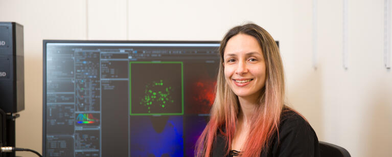 Psychology researcher Derya Sargin sitting in front of a computer showing brain scans